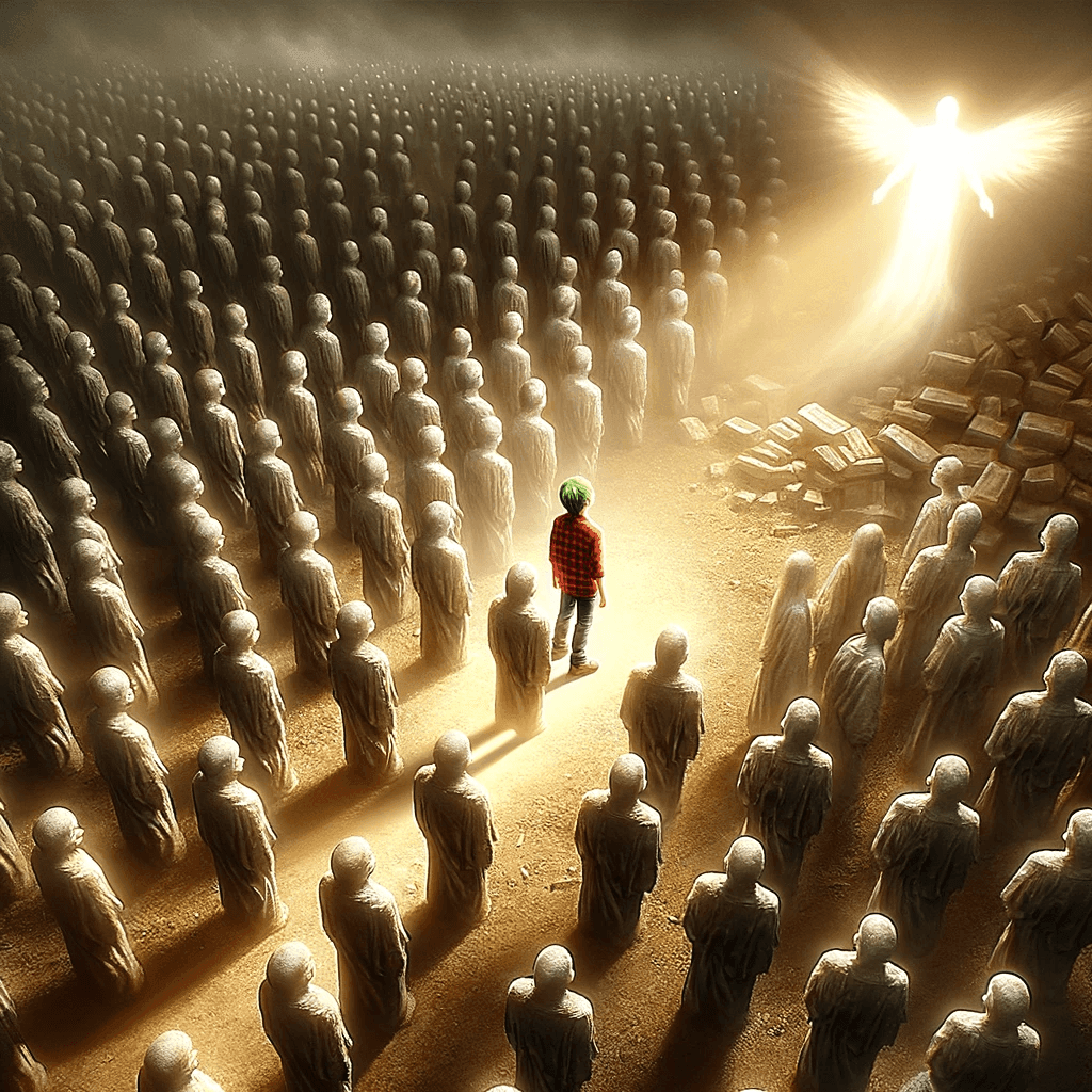 Person facing glowing angel in a crowd of identical statues, surrounded by a mystical, illuminated atmosphere.